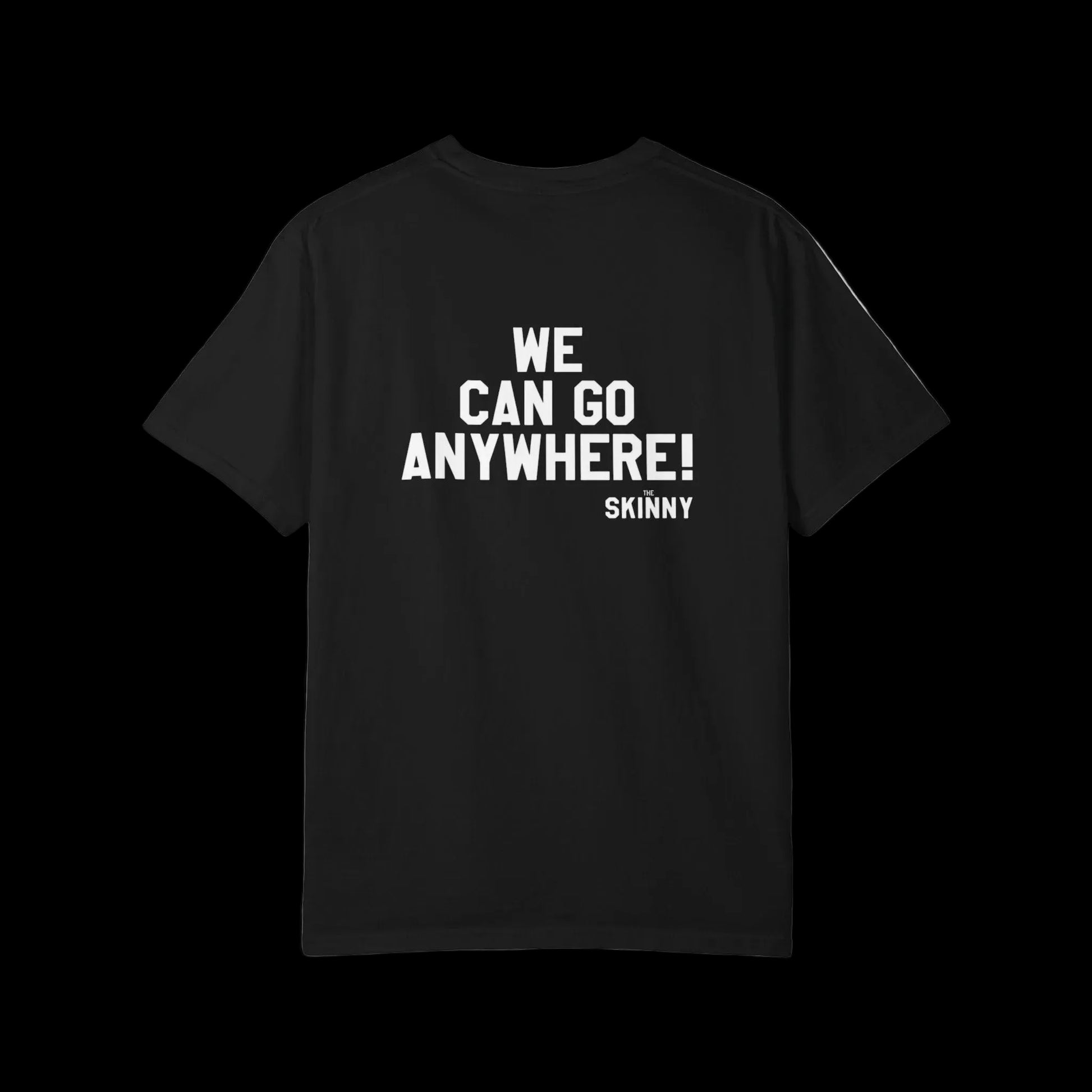 Black t-shirt with white text on the back on a black background