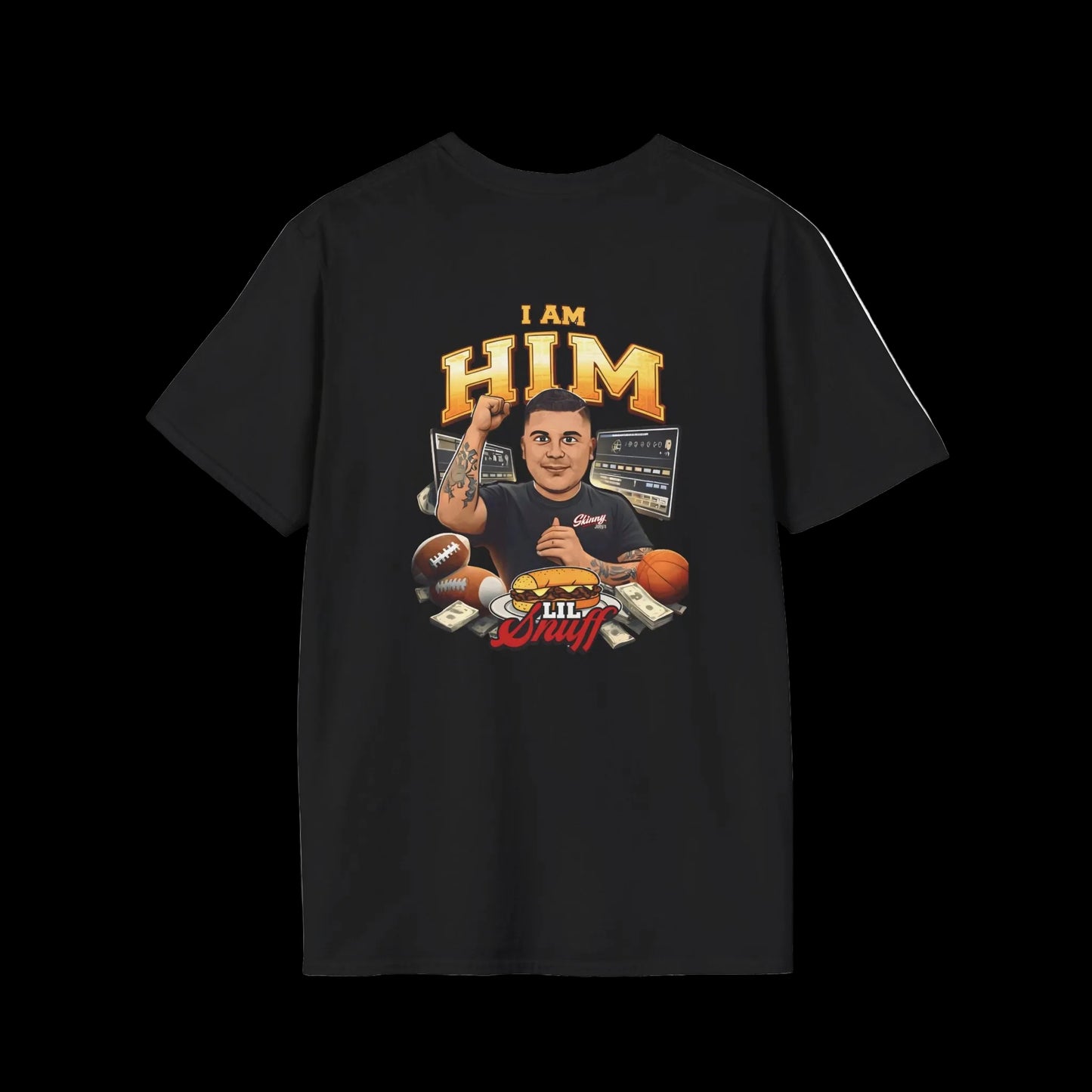 Black t-shirt with graphic design and text on a white background