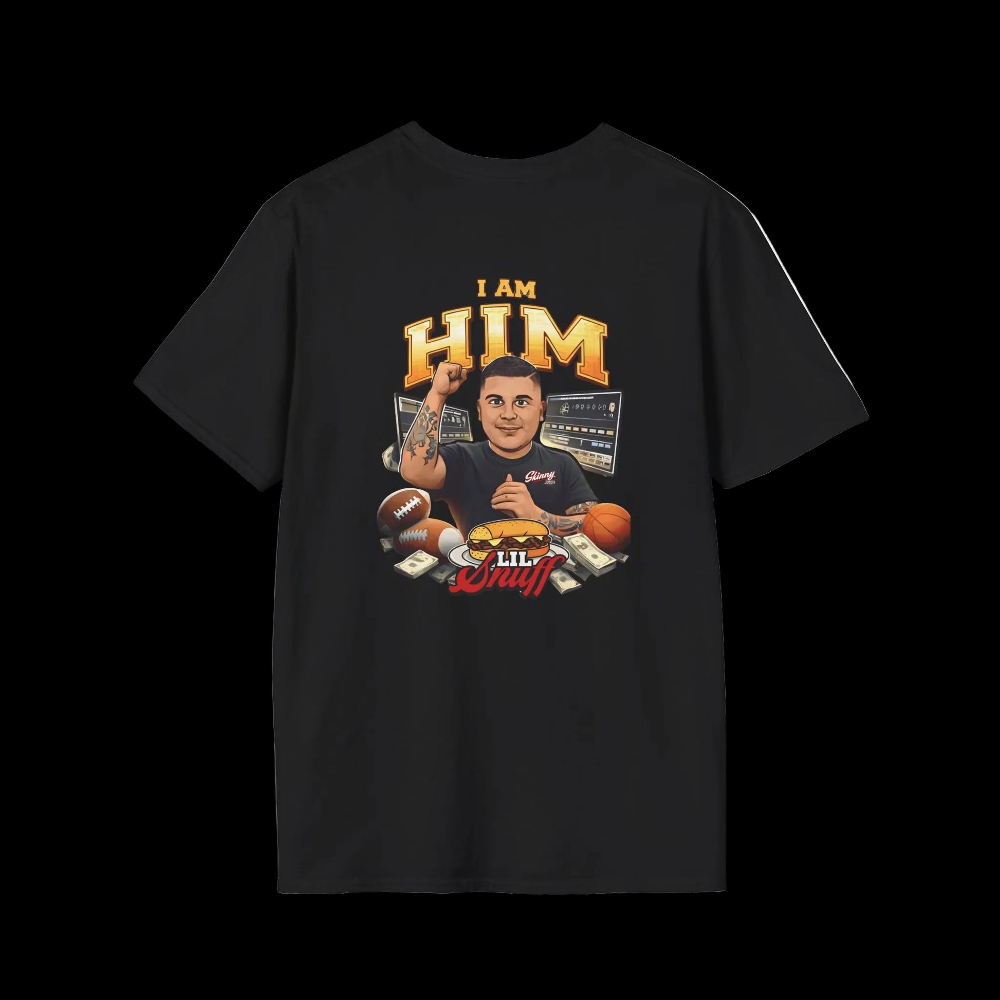 Black t-shirt with graphic design and text on a white background