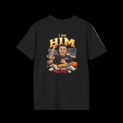 Black t-shirt with graphic design and text on a white background