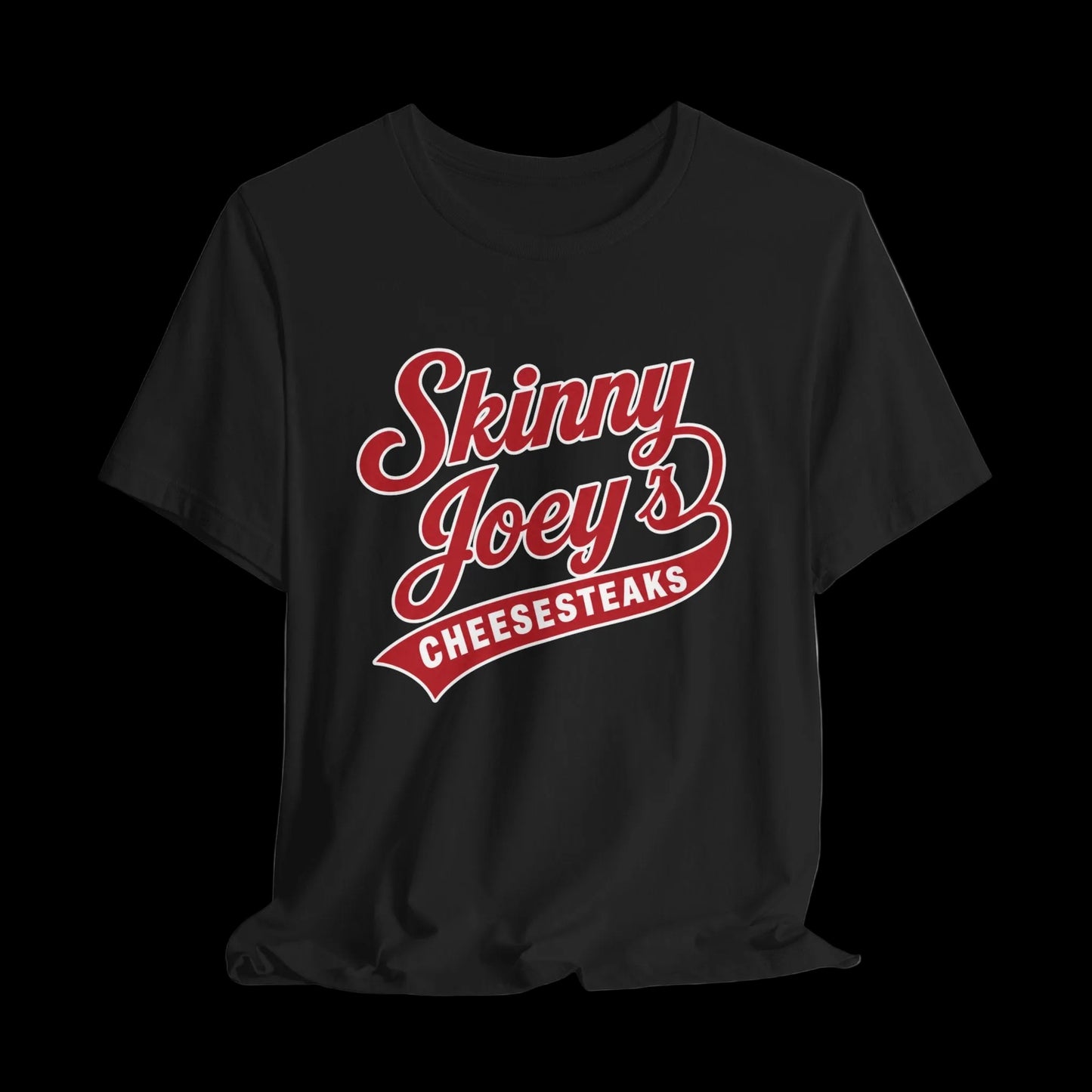 Black t-shirt with 'Skinny Joey's Cheesesteaks' text in red and white on a light gray background