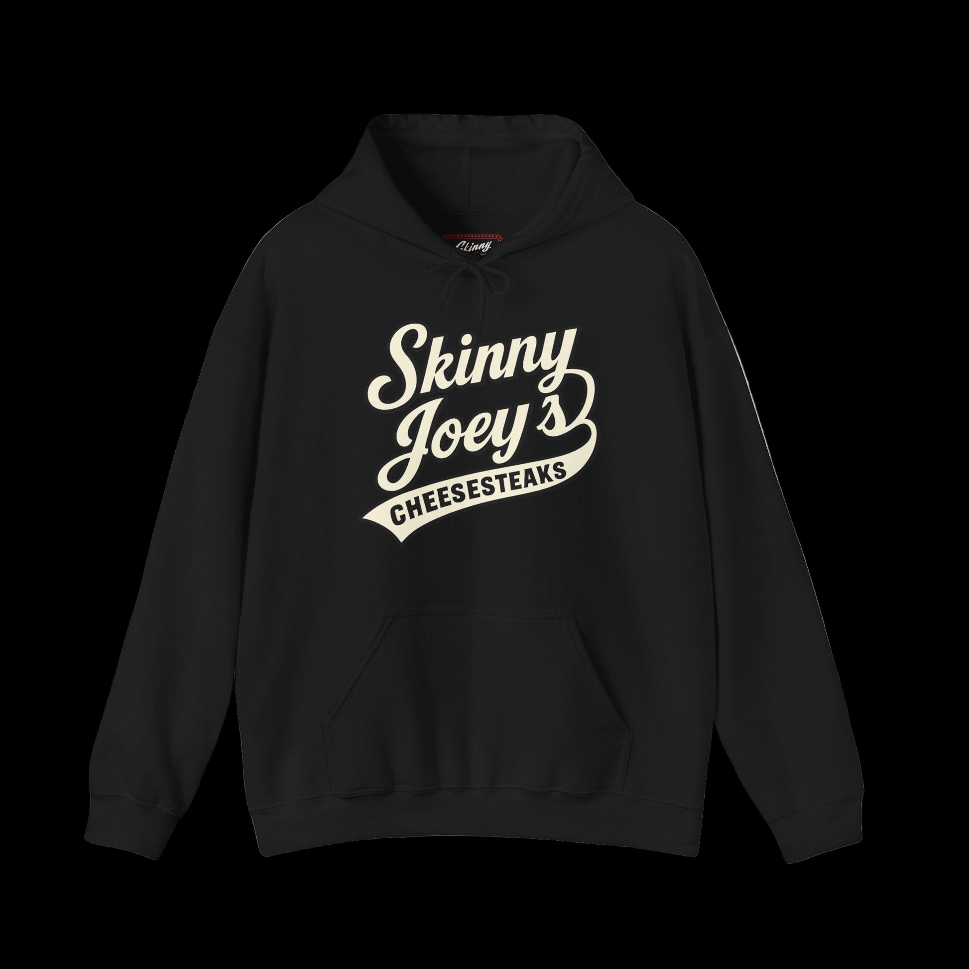 Black hoodie with 'Skinny Joey's Cheesesteaks' text on a white background