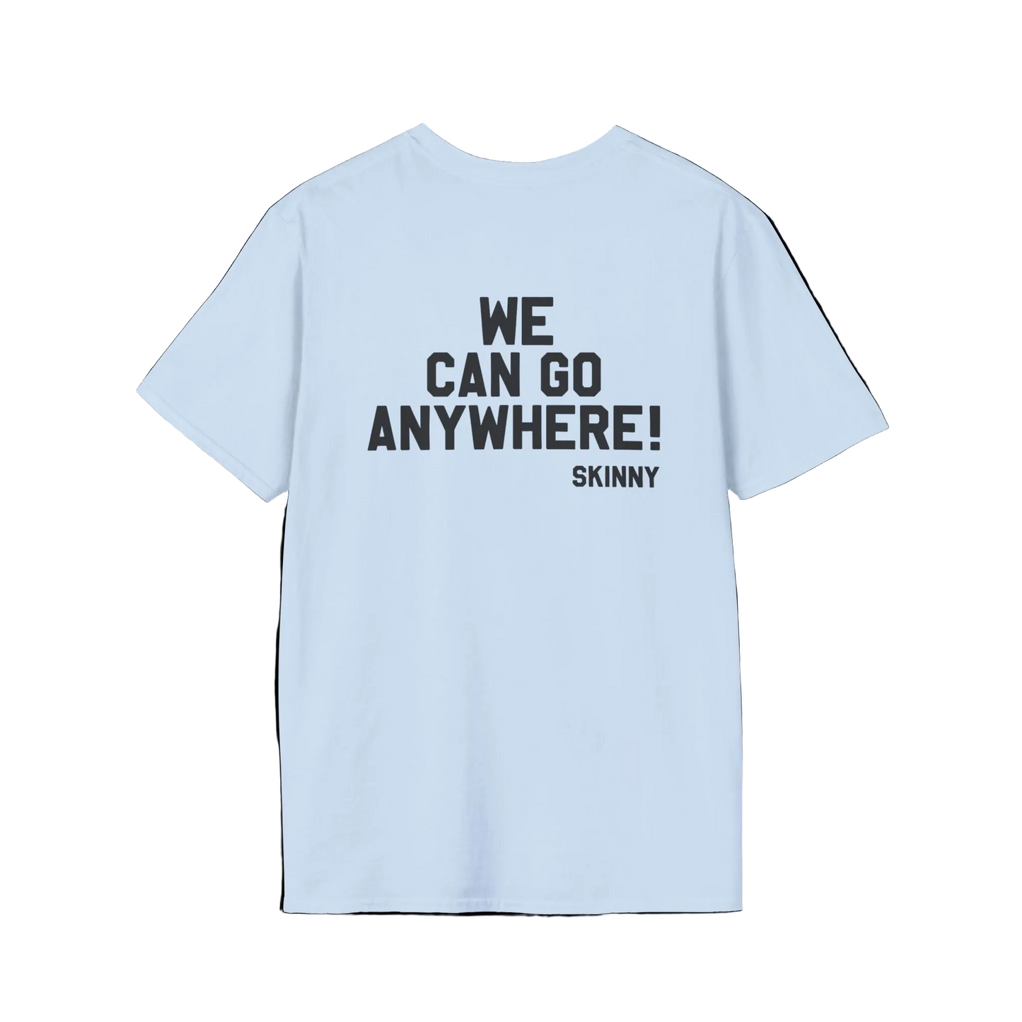 Light blue t-shirt with text on the back on a black background