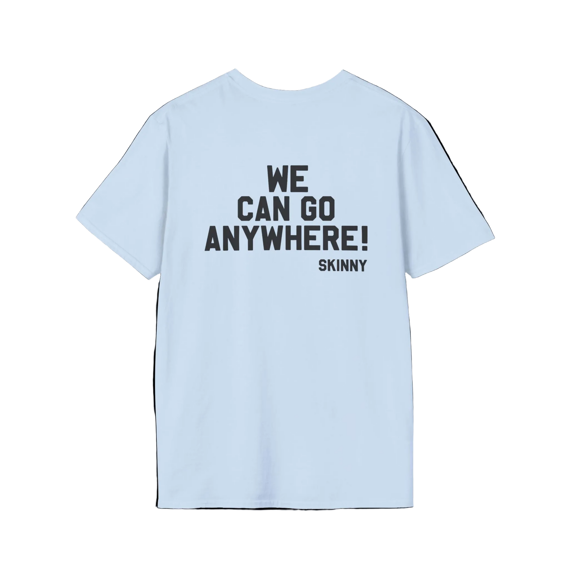 Light blue t-shirt with text on the back on a black background