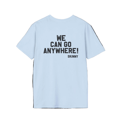 Light blue t-shirt with text on the back on a black background