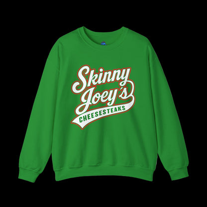 Green sweatshirt with 'Skinny Joey's Cheesesteaks' text on a white background