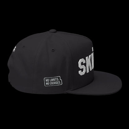 Black cap with a white logo on a white background