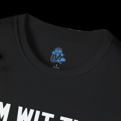 Black t-shirt with a blue logo on the collar area