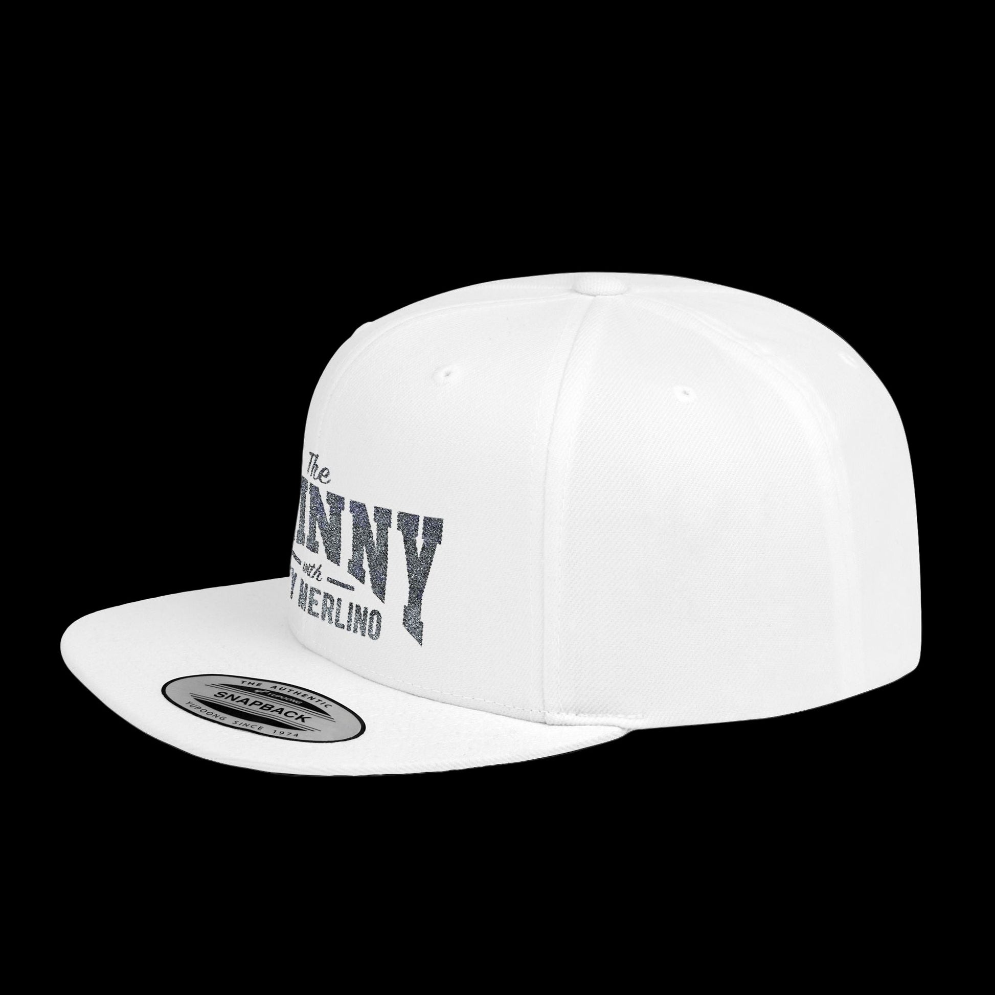 White cap with text on a black background