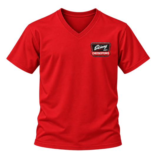 Skinny Joey's Cheesesteaks V-Neck Tee, Red, front, South Philly