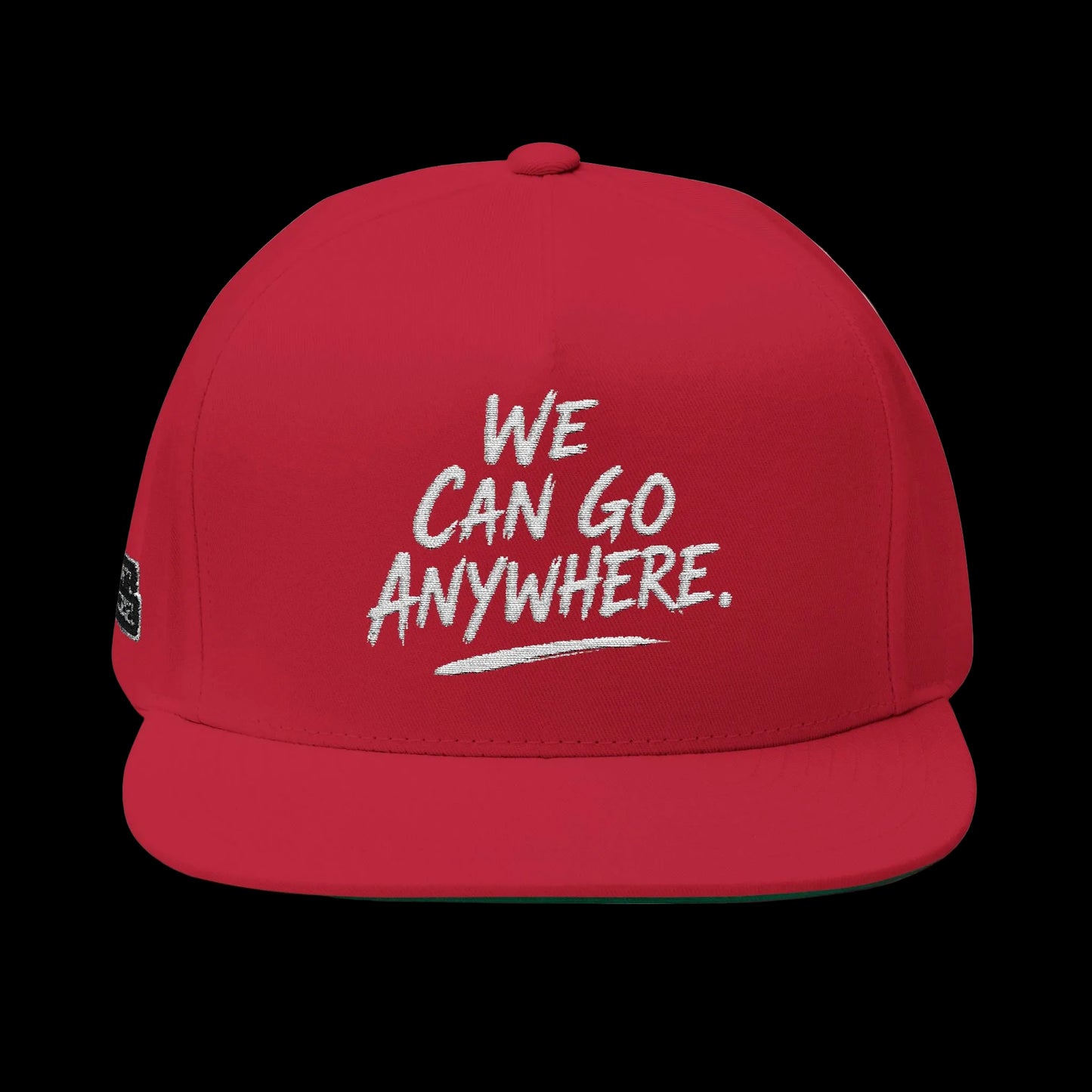 Red cap with 'We Can Go Anywhere' text on a white background