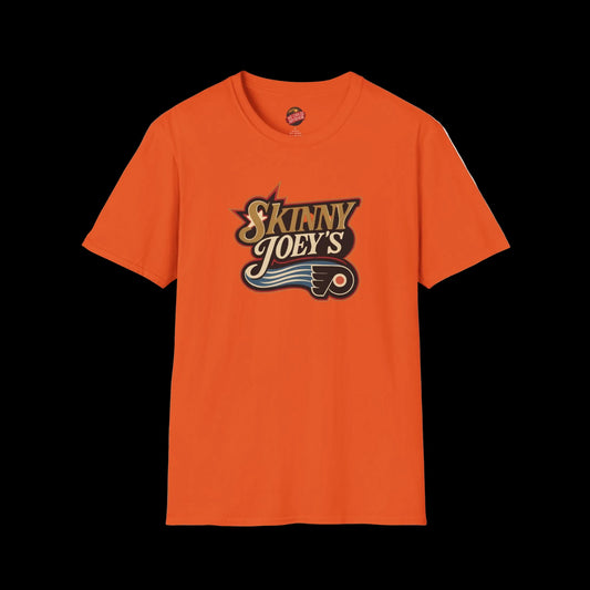 Orange t-shirt with 'Skinny Joey's' logo on a white background