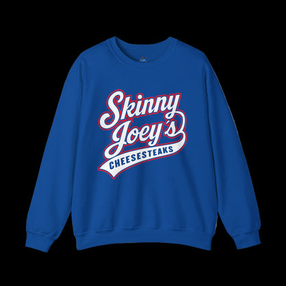 Blue sweatshirt with 'Skinny Joey's Cheesesteaks' text on a white background