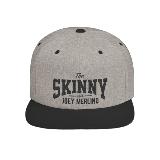 Gray and black cap with 'The Skinny with Joey Merlin' text on a white background