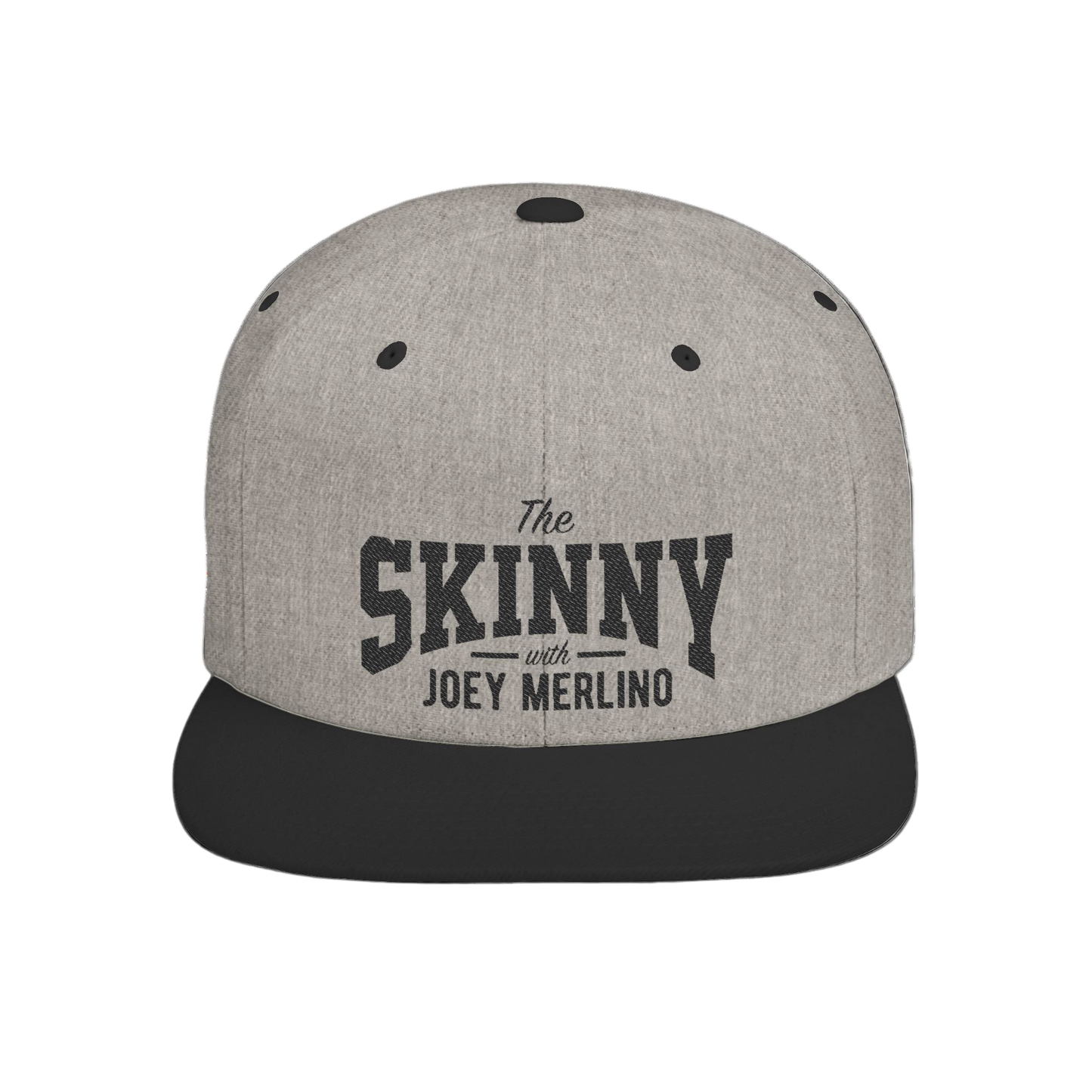 Gray and black cap with 'The Skinny with Joey Merlin' text on a white background