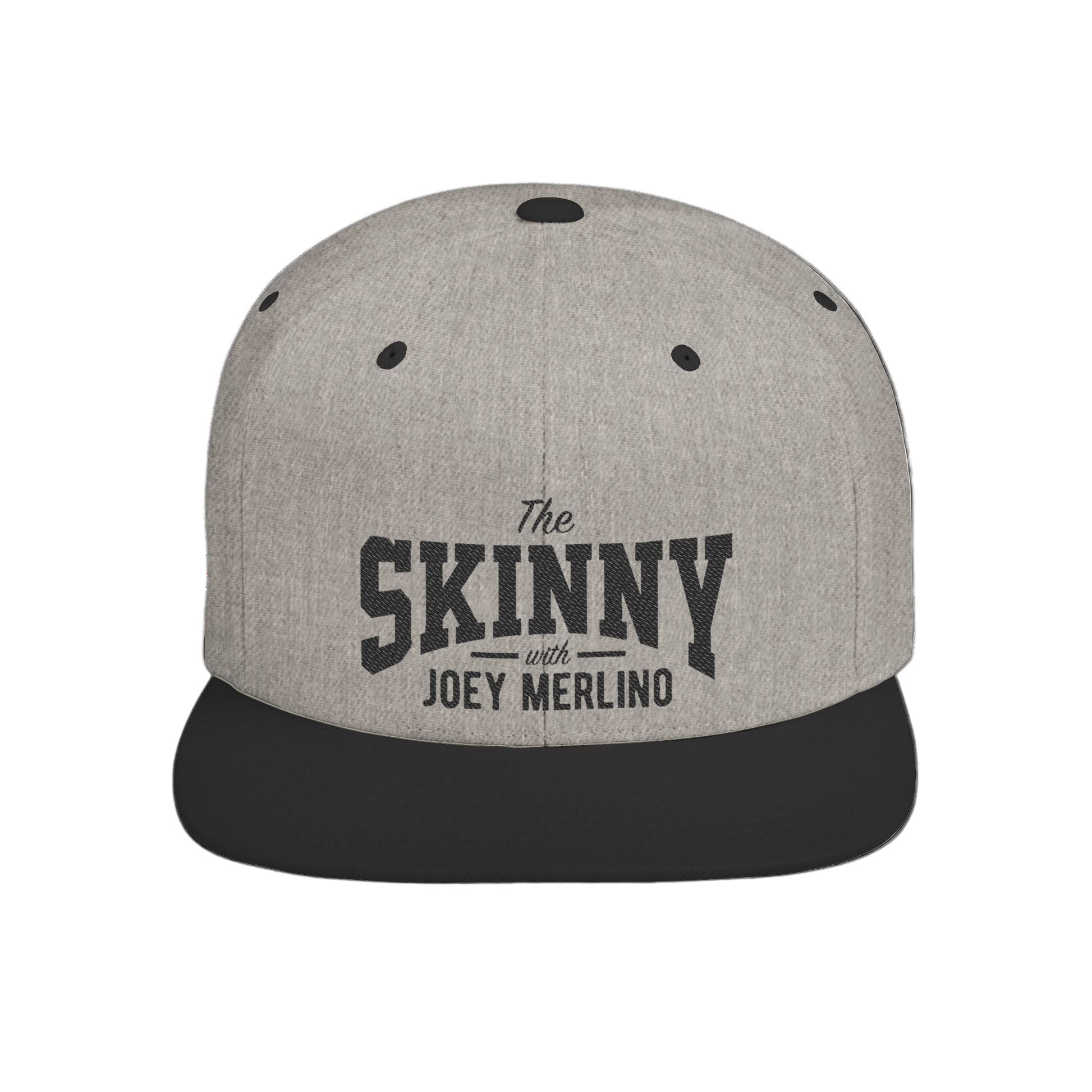 Gray and black cap with 'The Skinny with Joey Merlin' text on a white background