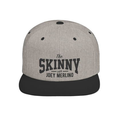 Gray and black cap with 'The Skinny with Joey Merlin' text on a white background