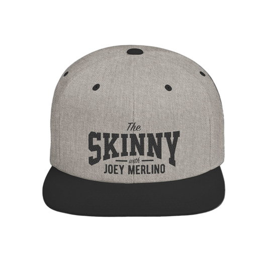 Gray and black cap with 'The Skinny with Joey Merlin' text on a white background