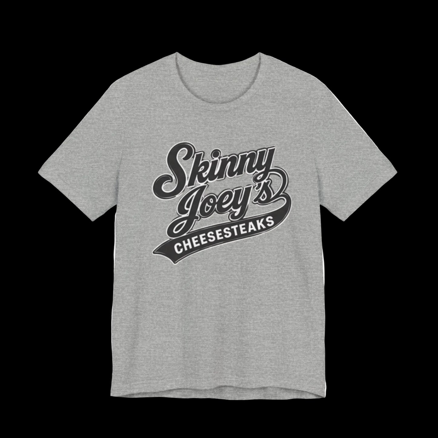 Gray t-shirt with 'Skinny Joey's Cheesesteaks' text on a white background
