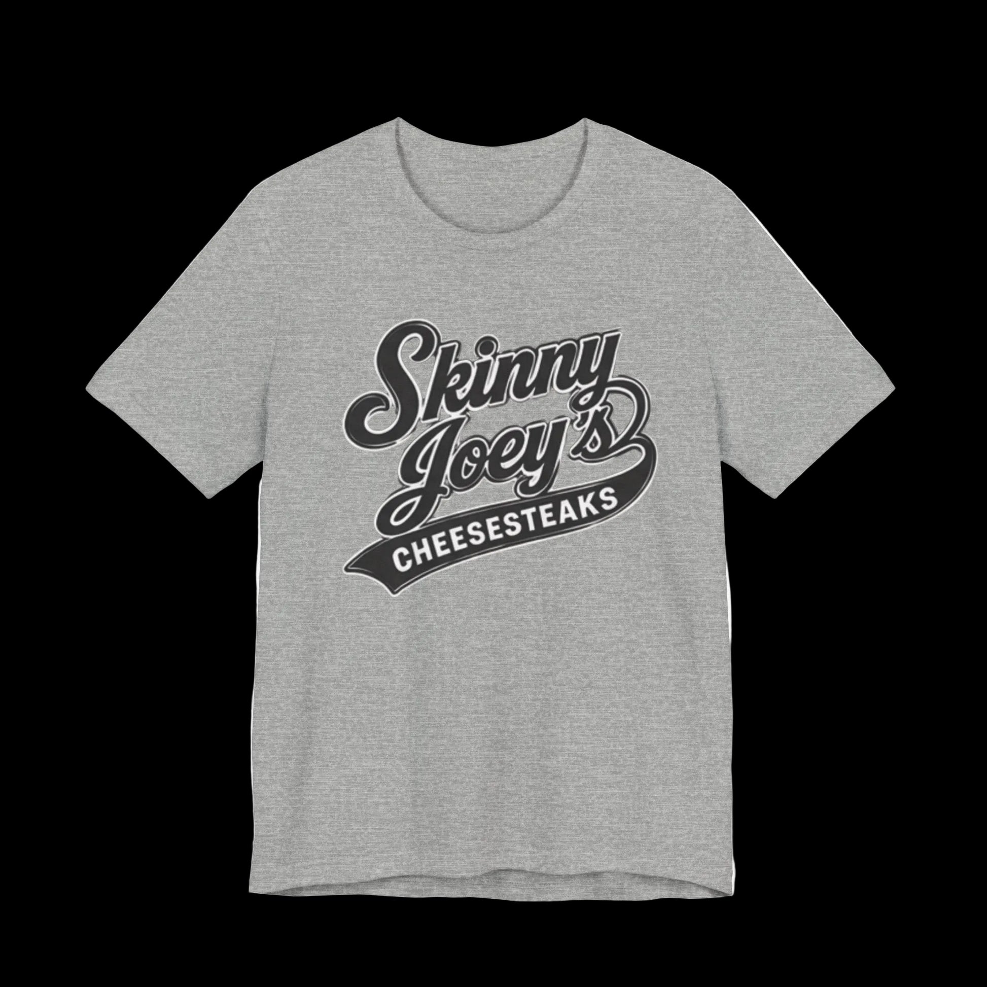 Gray t-shirt with 'Skinny Joey's Cheesesteaks' text on a white background