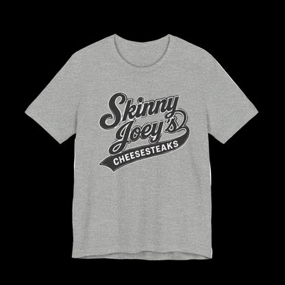 Gray t-shirt with 'Skinny Joey's Cheesesteaks' text on a white background