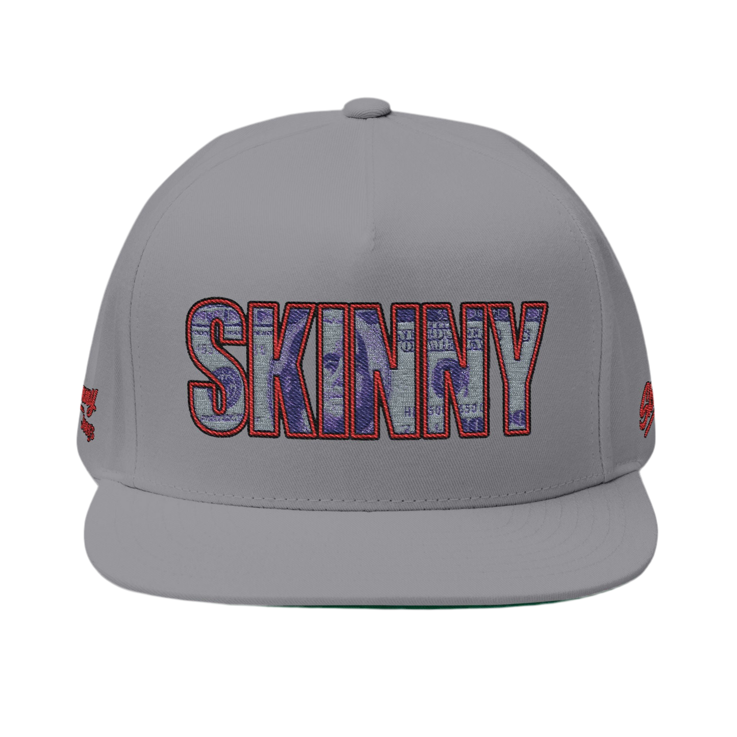 Skinny Flat Bill Cap – Money Print Embroidered Snapback Hat