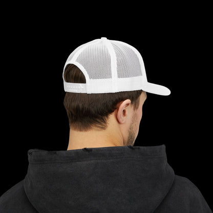 Person wearing a white mesh cap and black hoodie on a white background