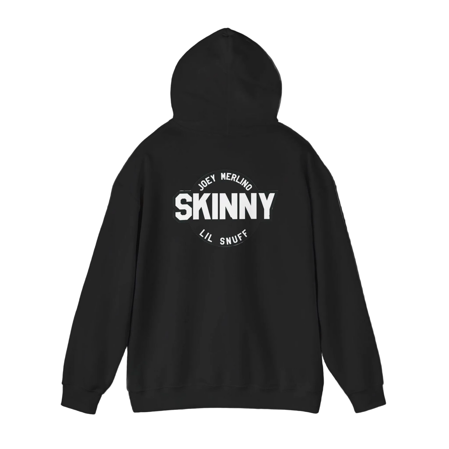 Black hoodie with 'SKINNY' text on the back against a black background