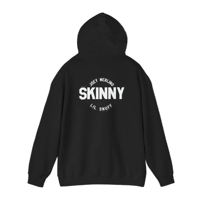 Black hoodie with 'SKINNY' text on the back against a black background