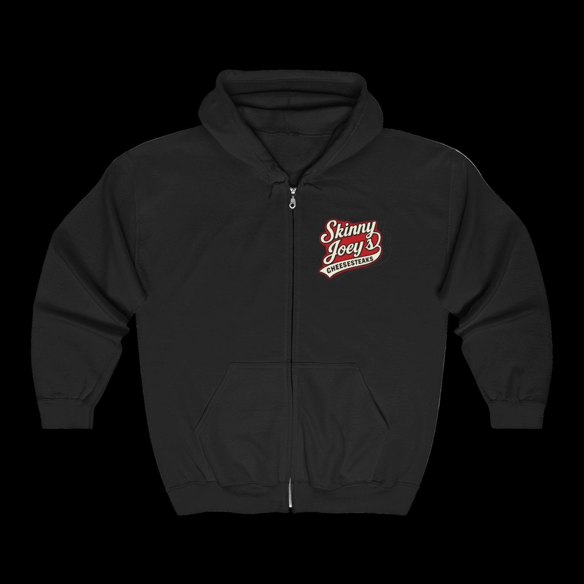 Black hoodie with 'Skinny Joey' logo on a white background