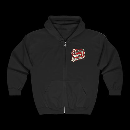 Black hoodie with 'Skinny Joey' logo on a white background