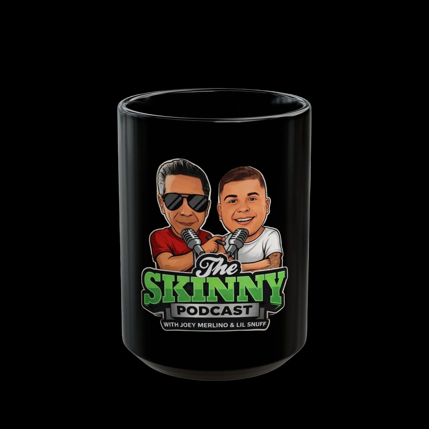 The Skinny Joey Merlino and Lil Snuff Podcast Black Coffee Mug (11oz/15oz) - lifestyle photo - Skinny Joey's Cheesesteaks