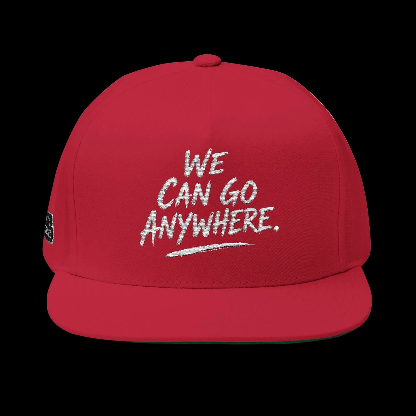 Red cap with 'We Can Go Anywhere' text on a white background