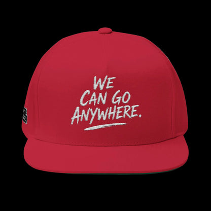 Red cap with 'We Can Go Anywhere' text on a white background