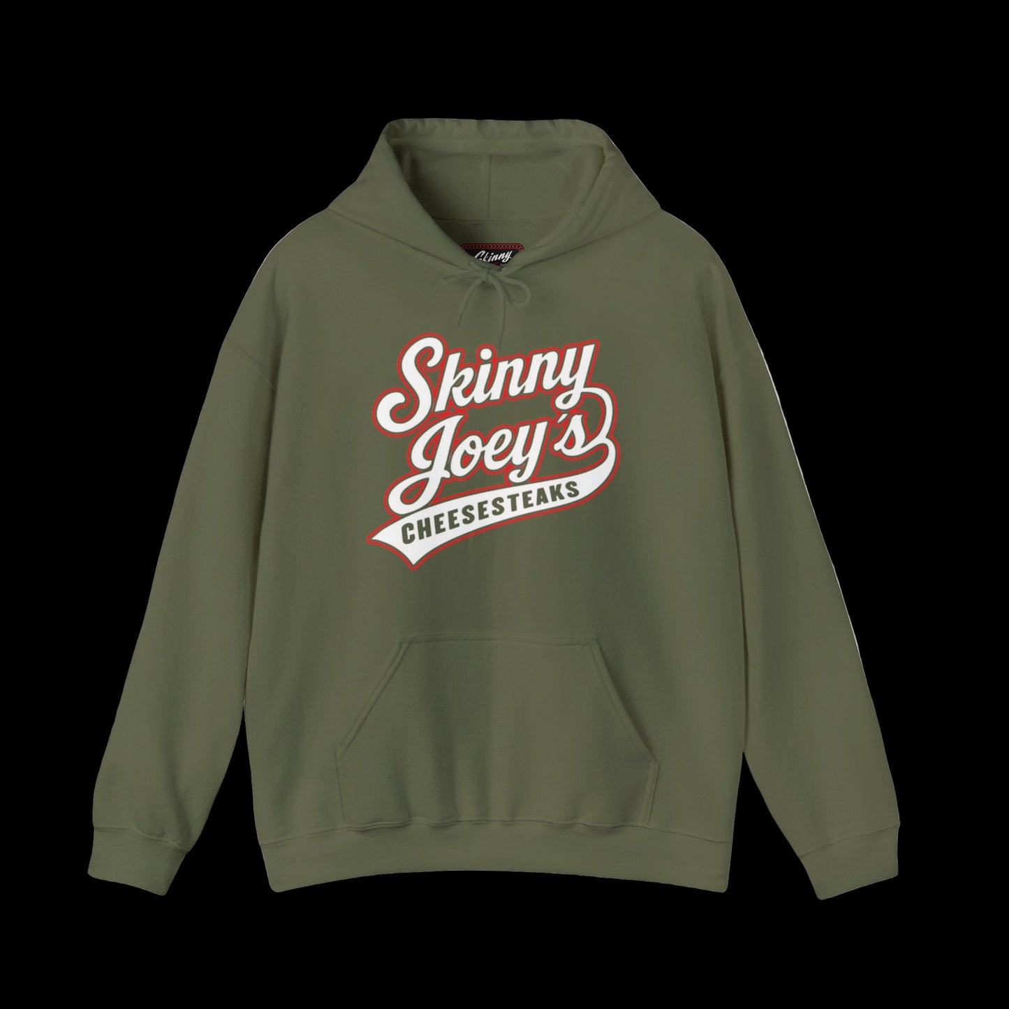 Green hoodie with 'Skinny Joey's Cheesesteaks' text on a white background