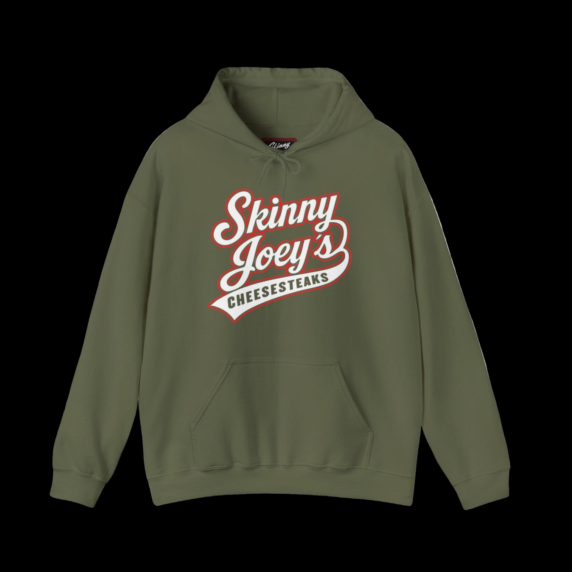 Green hoodie with 'Skinny Joey's Cheesesteaks' text on a white background