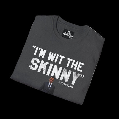 Folded black t-shirt with text and a small image of a man on a white background
