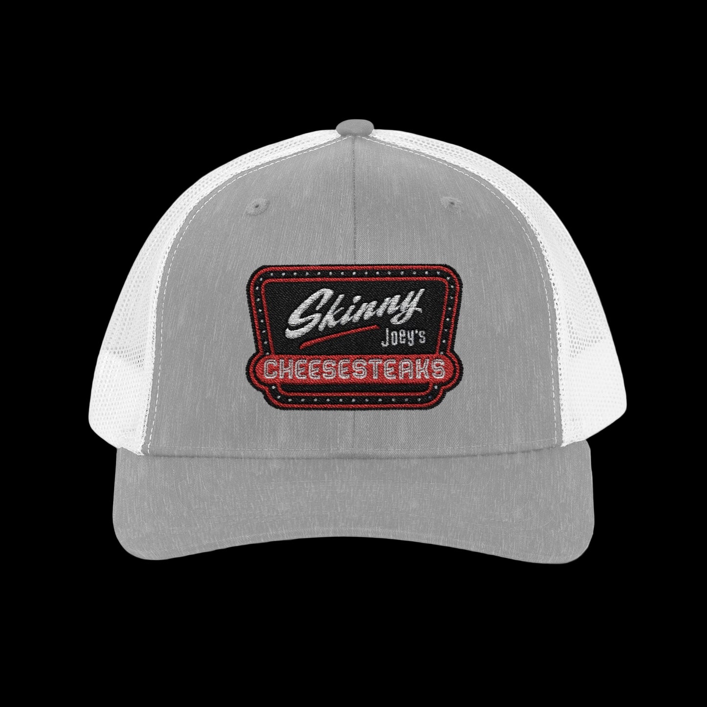 Gray and white cap with a red and black embroidered patch on a white background