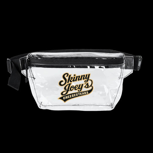 Clear fanny pack with 'Skinny Joey's Cheesesteaks' logo on a white background