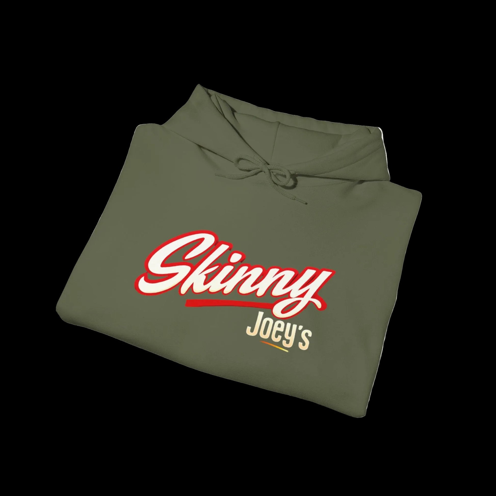 Folded green hoodie with 'Skinny Joey's' text on a white background