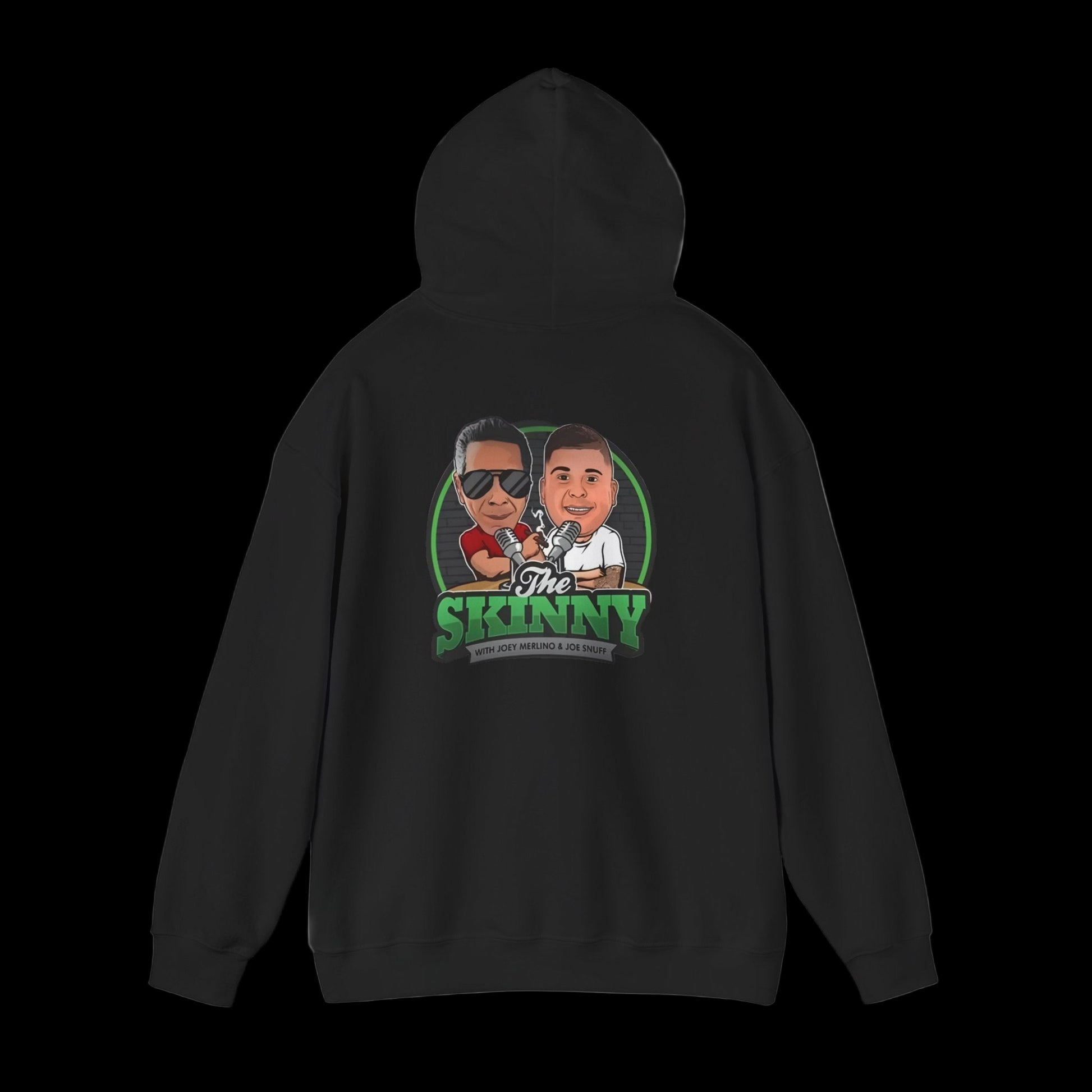 Black hoodie with 'The Skinny' graphic on a white background