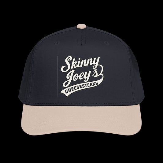 Black and beige cap with 'Skinny Joey's Cheesesteaks' text on a white background
