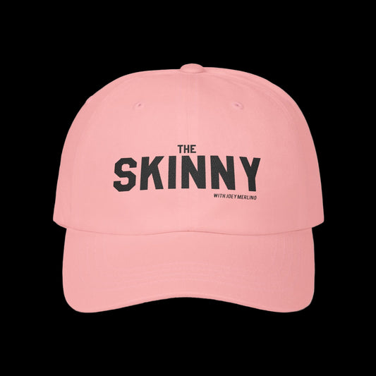 Pink cap with 'The Skinny' text on a white background