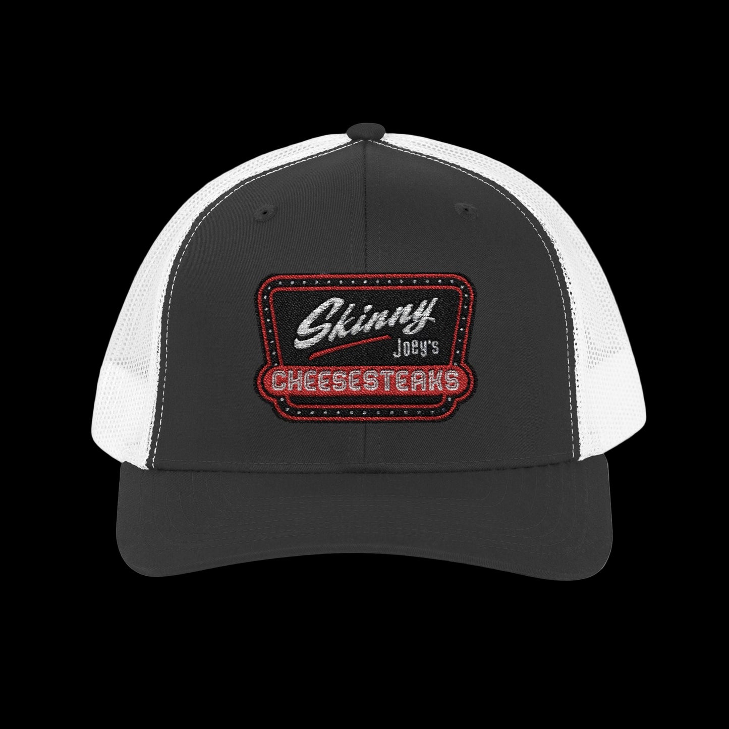 Black and white cap with 'Skinny Joey's Cheesesteaks' logo on a white background