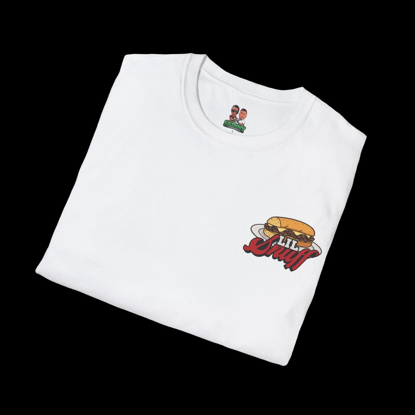 White t-shirt with graphic design on a white background