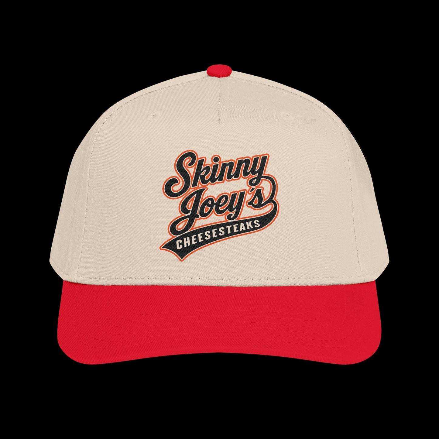 Beige and red cap with 'Skinny Joey's Cheesesteaks' text on a white background