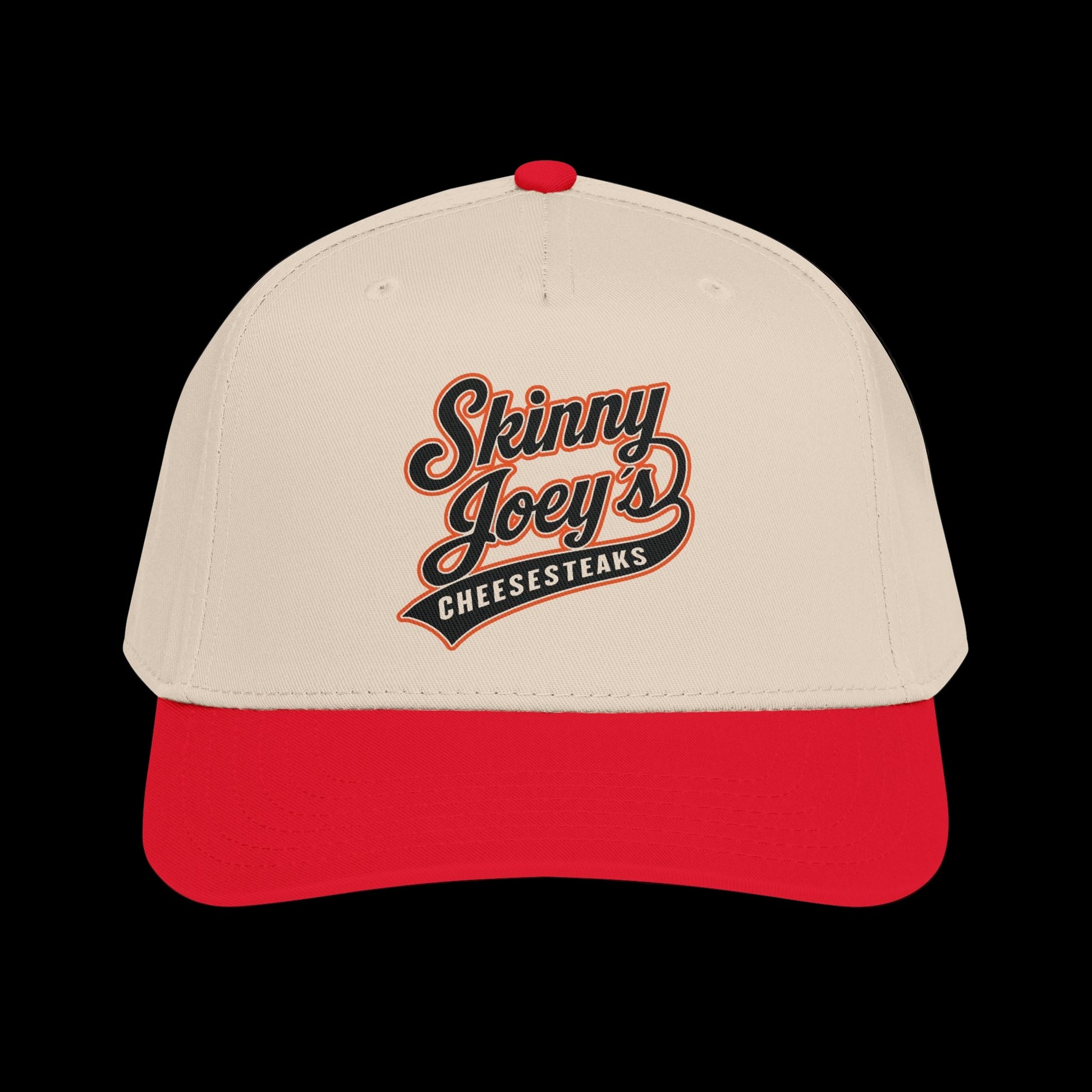 Beige and red cap with 'Skinny Joey's Cheesesteaks' text on a white background