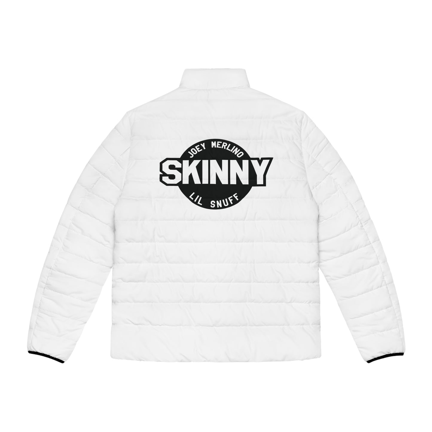 Men's White Puffer Jacket with Red Script Sleeve — Lightweight Quilted Coat