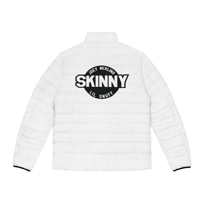 Men's White Puffer Jacket with Red Script Sleeve — Lightweight Quilted Coat