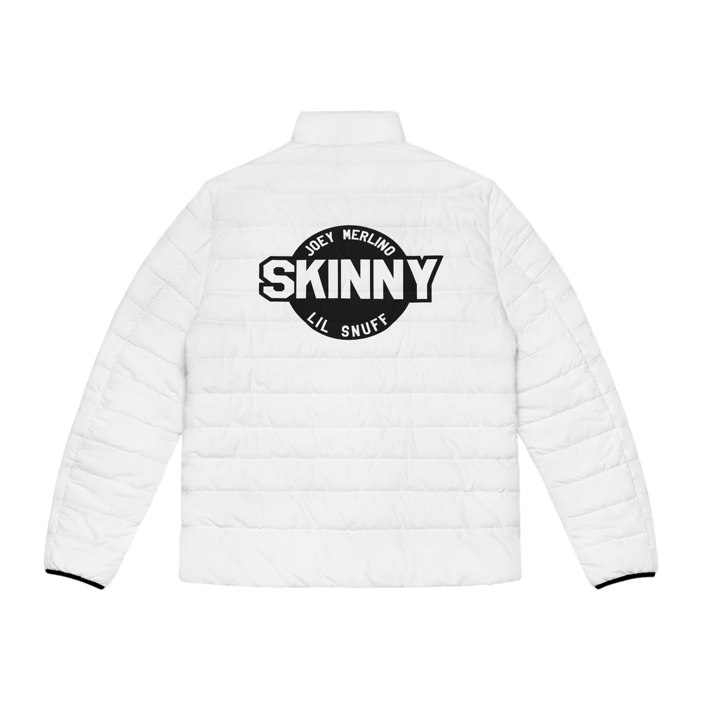 Men's White Puffer Jacket with Red Script Sleeve — Lightweight Quilted Coat